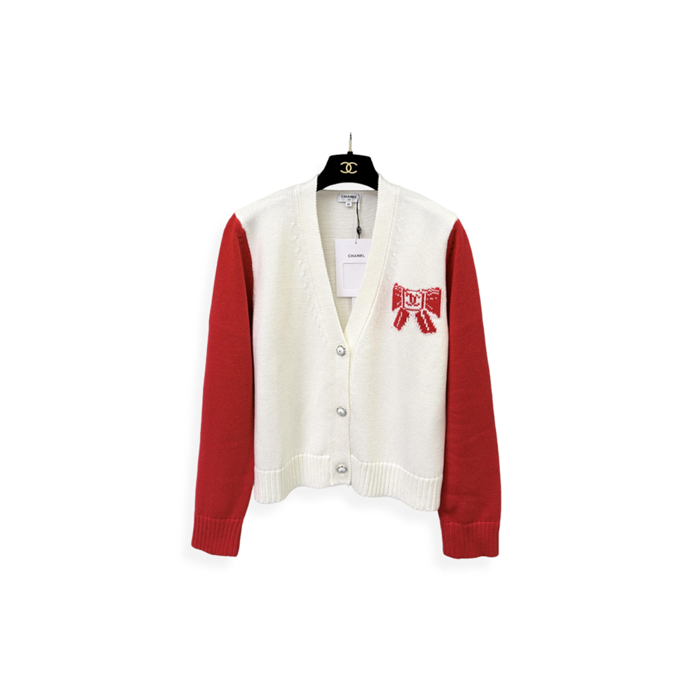 CHANEL BOW-KNIT V-NECK CARDIGAN   